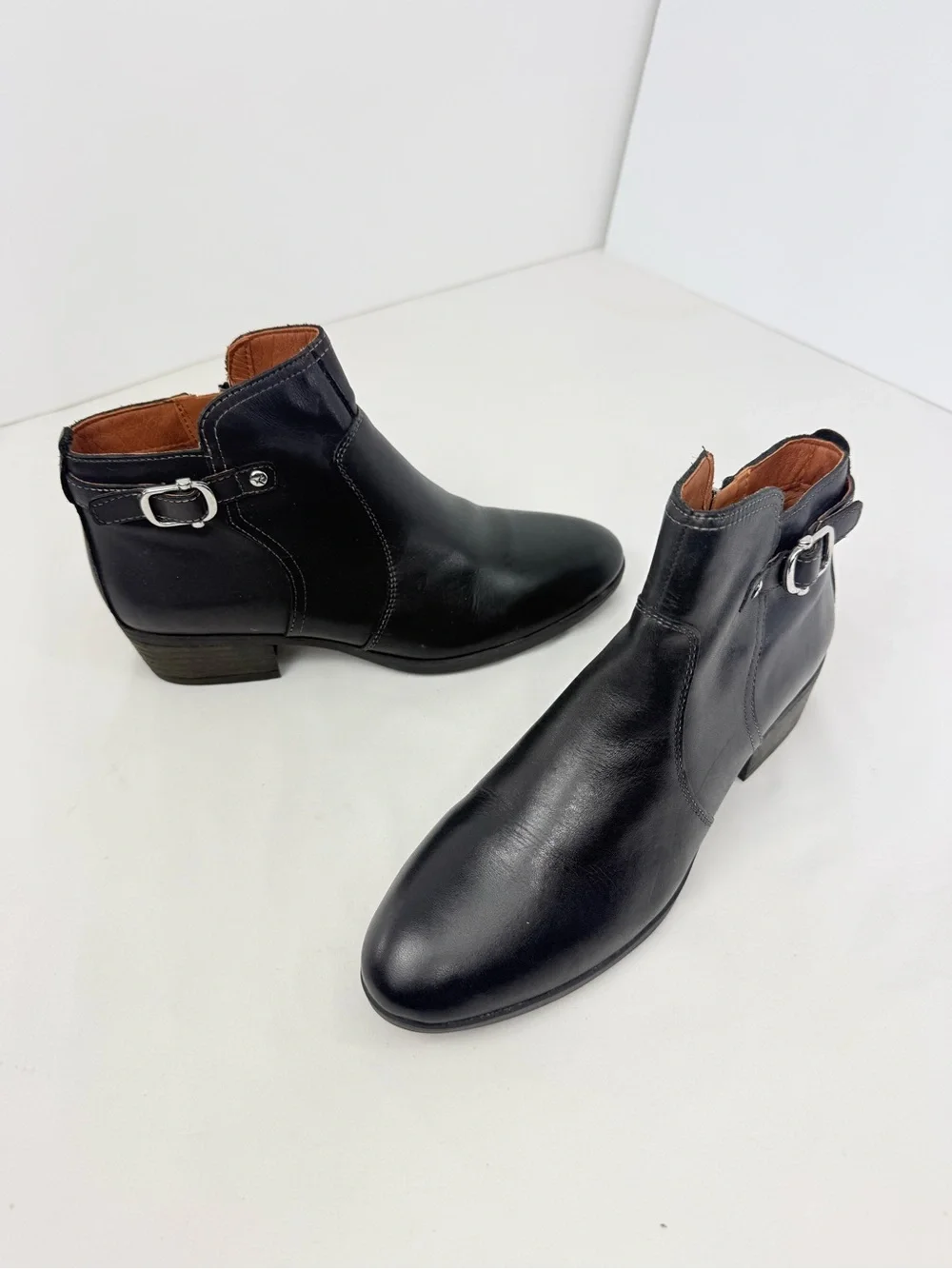 Pikolinos Black Leather Buckle Side Zip Chelsea Ankle Boots